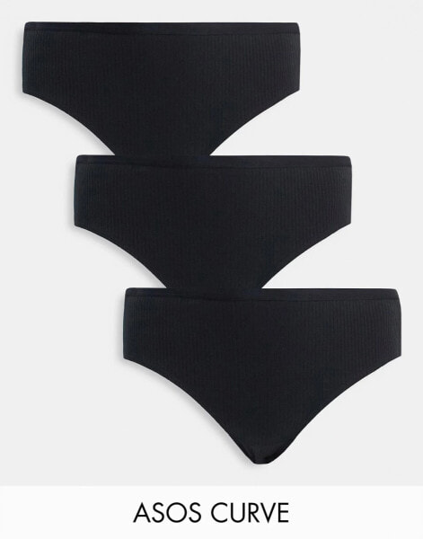 ASOS DESIGN Curve 3 pack ribbed brief in black