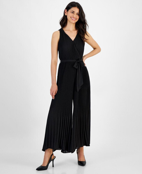 Women's Pleated Sleeveless Tie-Waist Jumpsuit