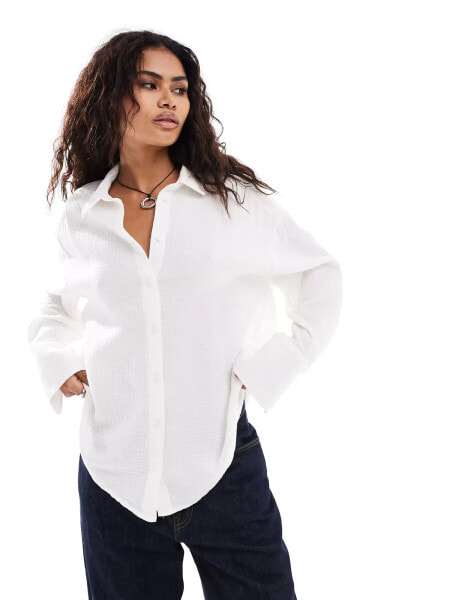 Monki long sleeve crinkle textured shirt in white