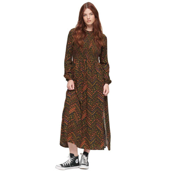 SUPERDRY Printed LS Smocked Long Dress