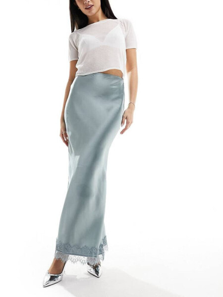 ASOS DESIGN satin bias maxi skirt with lace trim in sage green