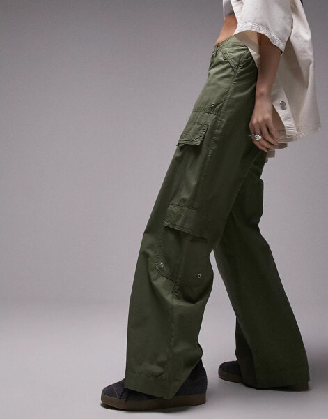 Topshop low rise y2k cargo trouser with eyelet details in khaki