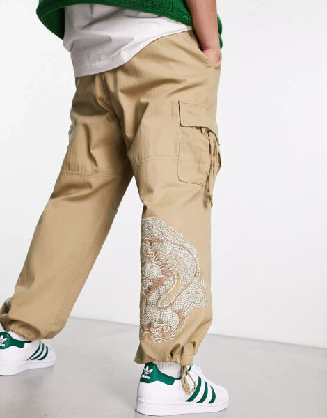 Bershka tiger embroidered cargo in camel