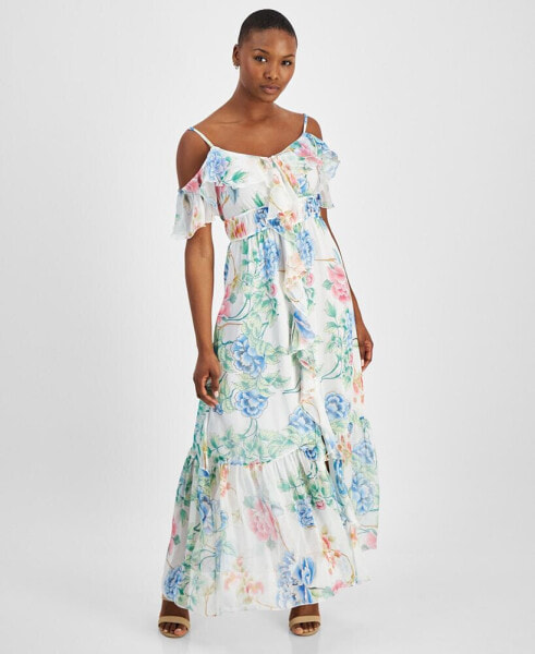 Women's Floral-Print Ruffled Cold-Shoulder Tiered Maxi Dress