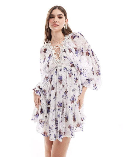 ASOS DESIGN lace trim plunge batwing mini dress with pep hem in white floral dobby