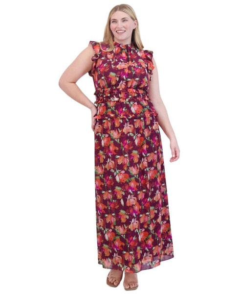 Plus Size Printed Chiffon Ruffle Maxi Dress