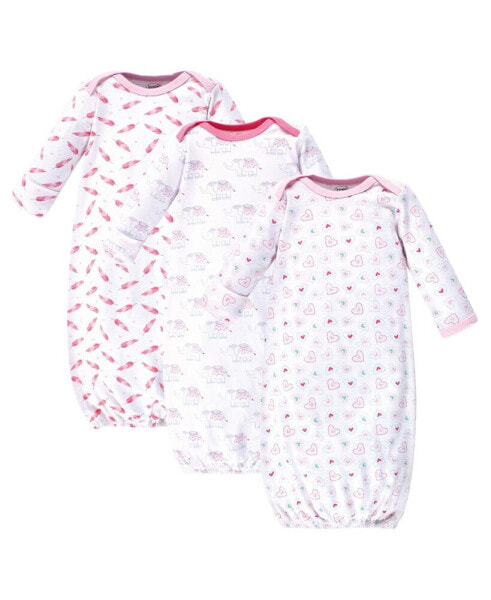 Baby Girls Baby Cotton Long-Sleeve Gowns 3pk Elephant Hearts, 0-6 Months