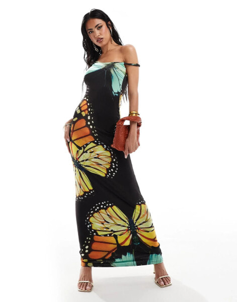 Kaiia exclusive slinky twist off shoulder maxi dress in black butterfly print