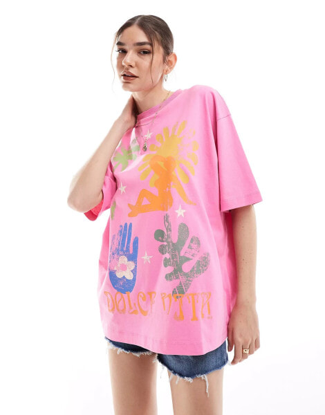 ASOS DESIGN oversized t-shirt with dolce vita art graphic in bright pink