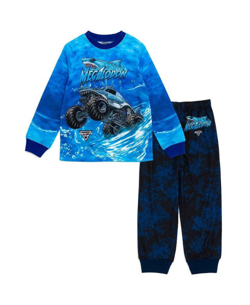 Toddler Boys Pullover Pajama Shirt and Pants Sleep Set to Grave Digger El Toro Loco Megalodon