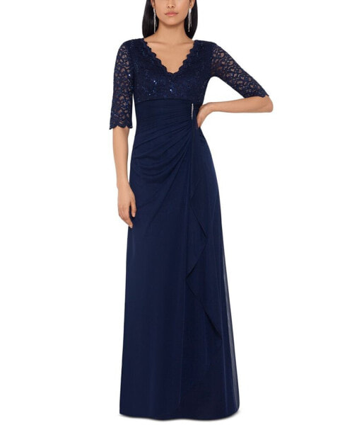 Petite V-Neck Lace-Bodice Gown