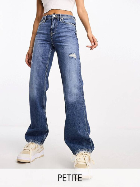 River Island Petite high waist straight leg jeans in mid blue wash