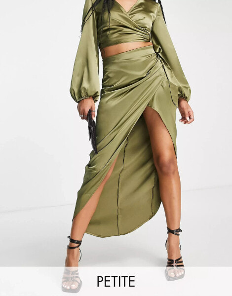 Flounce London Petite satin high waist maxi skirt with leg split in khaki co-ord