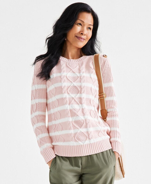 Petite Striped Cable-Knit Button-Trim Sweater, Created for Macy's