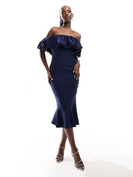 True Violet ruffle midi dress in navy