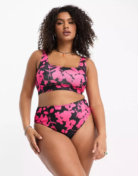 Reclaimed Vintage PLUS high waist bikini bottom in pop pink floral print