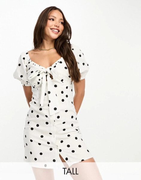 Influence Tall cotton tie front mini dress in polka dot