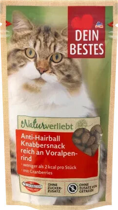 Katzenleckerli Knabbersnack Anti-Hairball mit Rind, Naturverliebt, 50 g