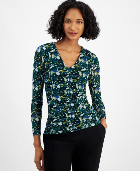 Women's Printed-Mesh Long-Sleeve V-Neck Top, Created for Macy's