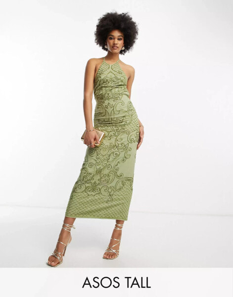 ASOS DESIGN Tall – Verziertes Midikleid in Khaki mit Racerausschnitt und spiegelnden Perlendetails