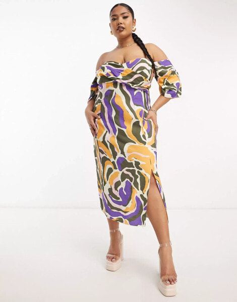 ASOS DESIGN Curve Exclusive pleated off shoulder midi dress with wrap bust in abstract print