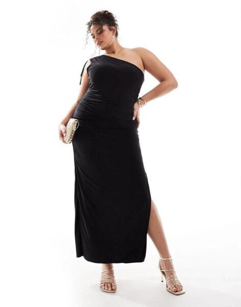 Kaiia Plus slinky ruched one shoulder maxi dress in black