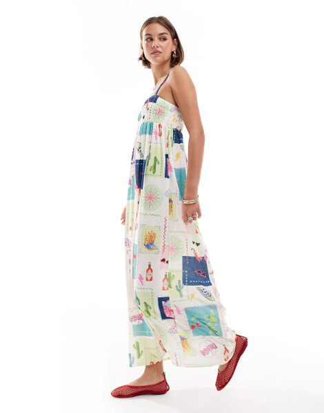 ASOS DESIGN strappy shirred bust textured maxi dress in postcard print