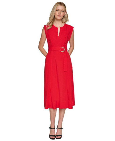 Women's Belted Cotton Midi A-Line Dress