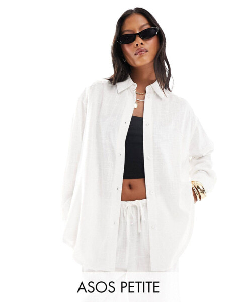 ASOS DESIGN Petite relaxed shirt with linen co-ord in white