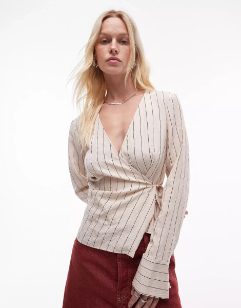 Topshop step hem wrap top in natural pinstripe