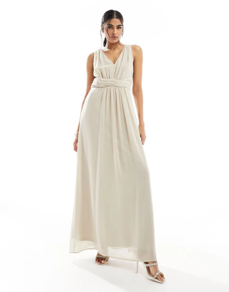 Vila Bridesmaid wrap waist detail maxi dress with pleat front in stone