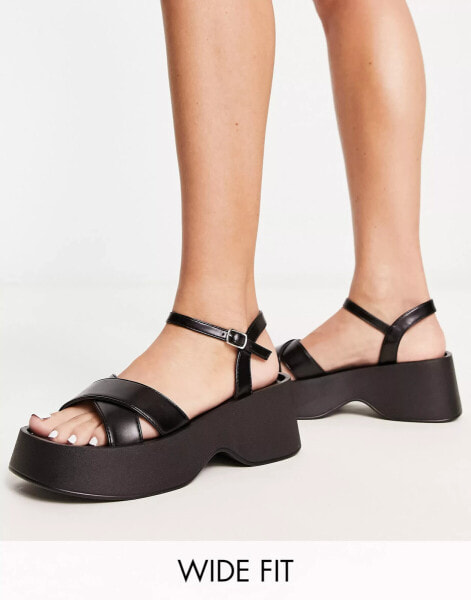 Glamorous Wide Fit cross strap platform sandals in black