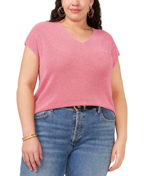 Plus Size Metallic V-Neck Short-Sleeve Sweater