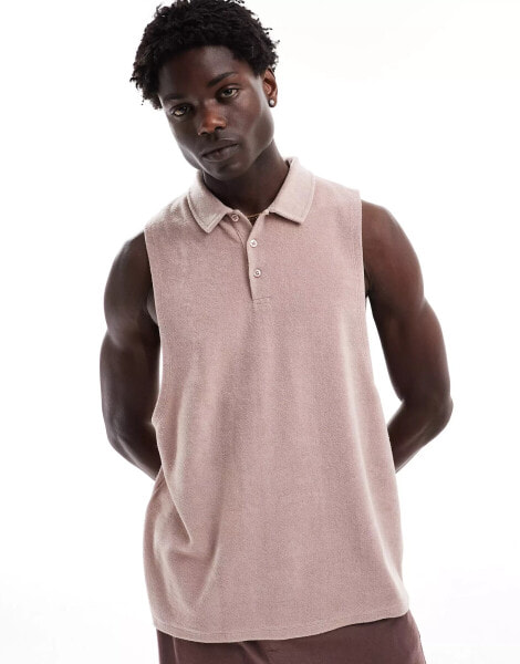 ASOS DESIGN relaxed tank vest with polo neck in pink towelling