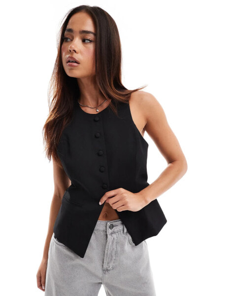 Bershka round neck tailored waistcoat in black