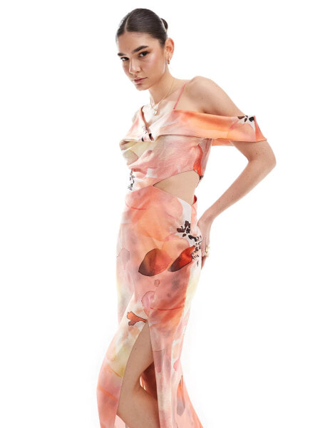 ASOS DESIGN satin asymmetric shoulder maxi dress with cut out detail in overscale floral print