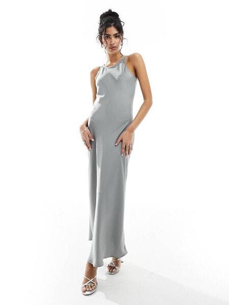 Vero Moda racer neck satin slip maxi dress in grey