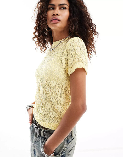 COLLUSION baby tee in butter yellow lace