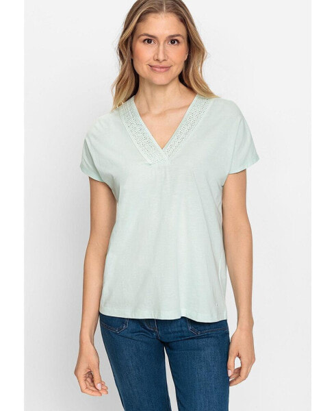 Women's 100% Cotton Short Sleeve T-Shirt with Embroidered Neckline