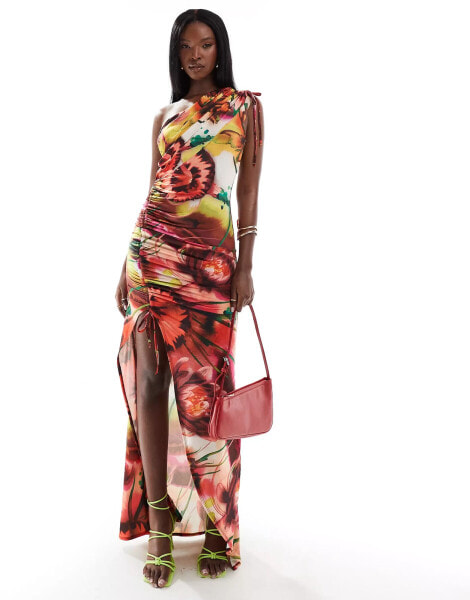 ASOS DESIGN one shoulder drawstring maxi dress in bright floral print