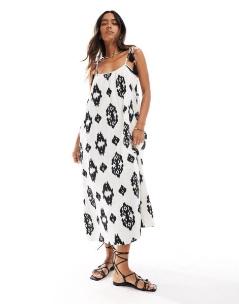 New Look strappy midi dress in white ikat print