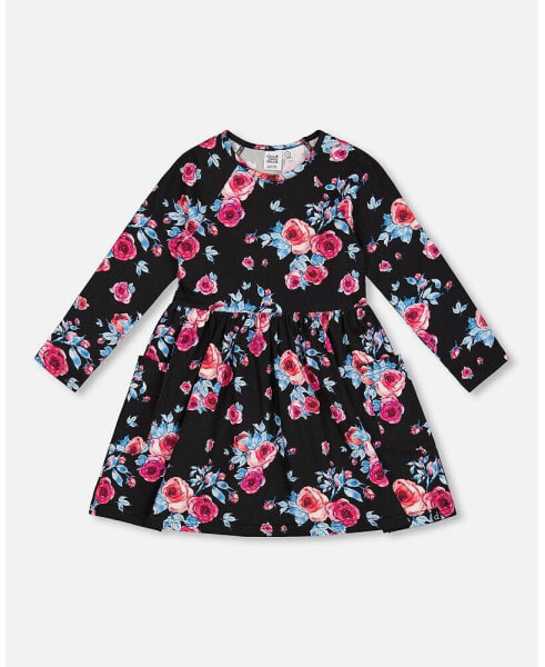 Big Girls Printed Roses Dress With Pockets Black