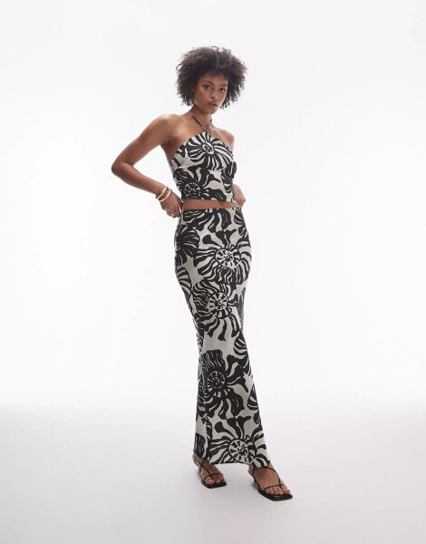 Topshop Tall Co-ord satin twill bias maxi skirt in mono fern smudge print