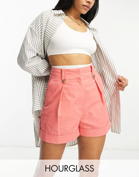 ASOS DESIGN Hourglass mom short with waist tabs with linen in coral