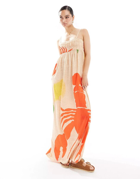 ASOS DESGN strappy shirred bust textured maxi dress in lobster print