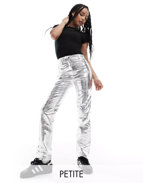 River Island Petite straight leg trouser in silver metallic