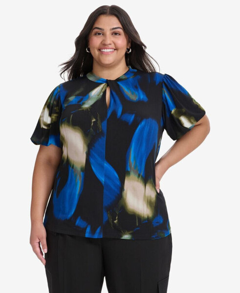 Plus Size Printed Twist-Neck Puff-Sleeve Blouse