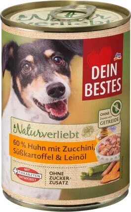 Nassfutter Hund mit Huhn, Zucchini, Süßkartoffel & Leinöl, Naturverliebt, 400 g