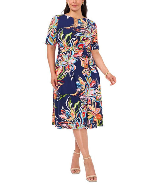 Plus Size Printed O-Ring-Neck Fit & Flare Dress