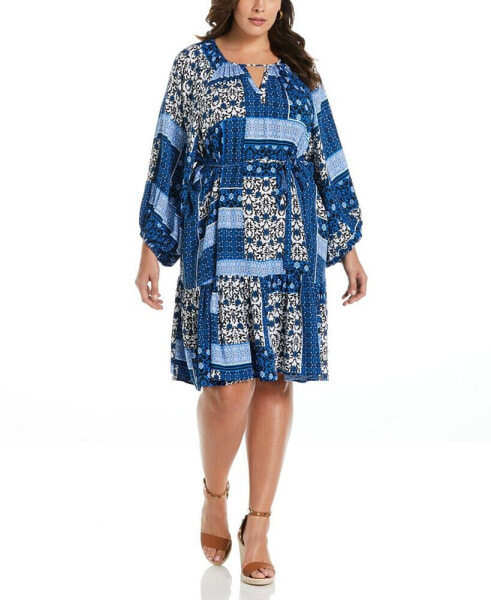 Plus Size Paisley Print Flounce Long Sleeve Dress with Self Fabric Tie